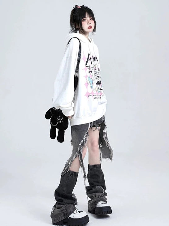 White Devil Print Oversized Hoodie Pullover