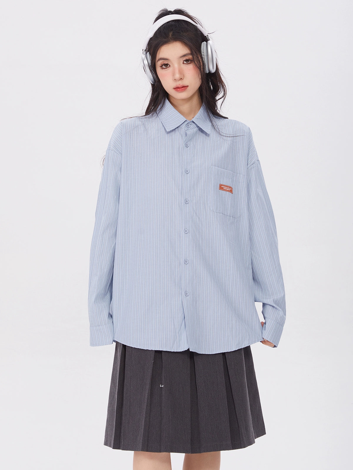 Loose Polo Collar Blue Stripe Shirt