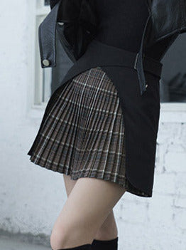 Check pleated wrap belt skirt
