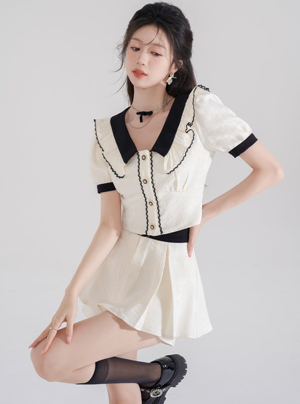 High -end doll color shirt apricot high waist setup