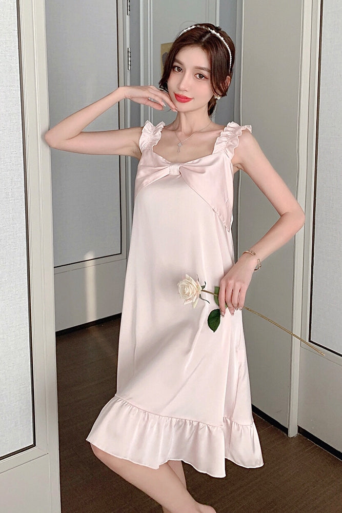 Front ribbon frill strap nightgown