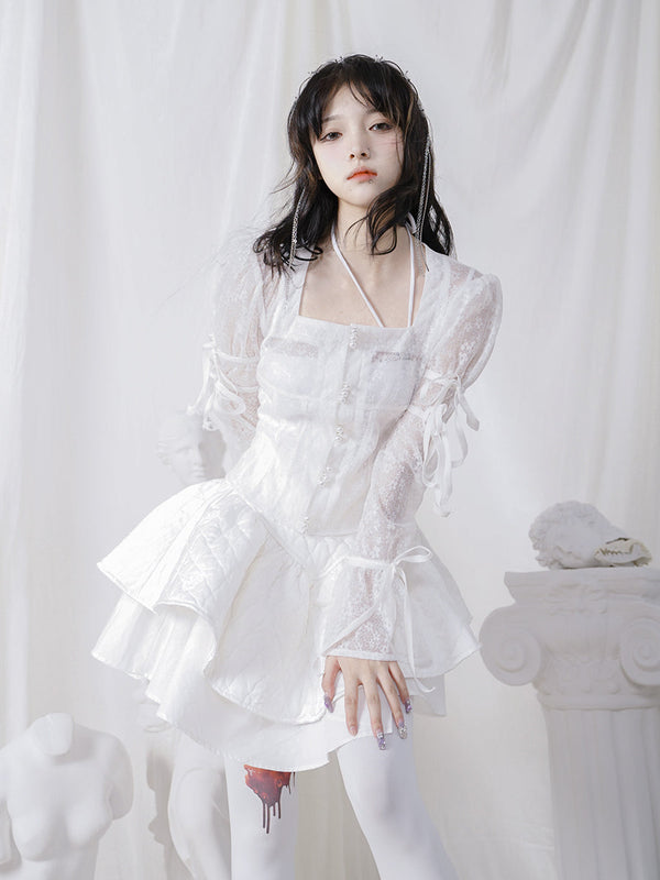 Palace Bubble Princess Sleeve Flower Lace Pearl Sea through Tops