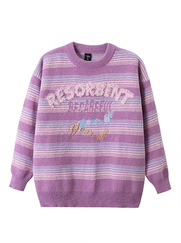 Purple Loose Retro Design Embroidery Stripe Knit Sweater