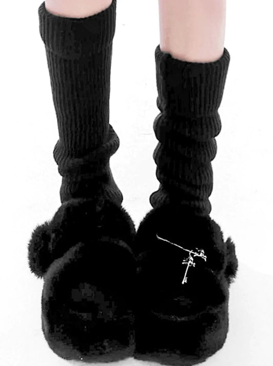 Cream Black Metal Sculpin Furry Platform Slippers