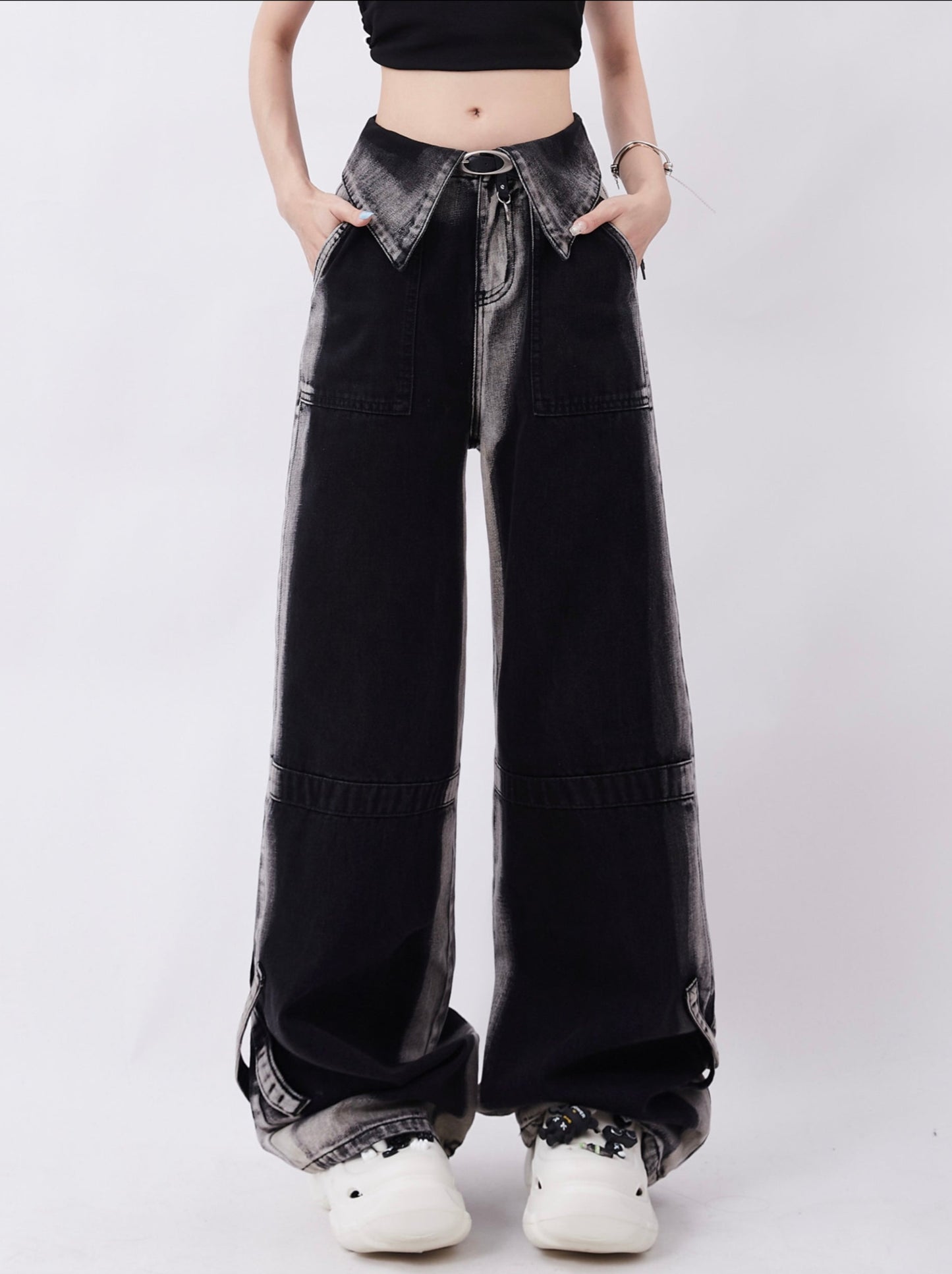 High Street Flap Design Gradient Wide Leg Denim