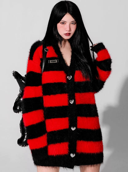 Little Devil Colour Red Black Faux Fur Stripe Punk Knit Cardigan