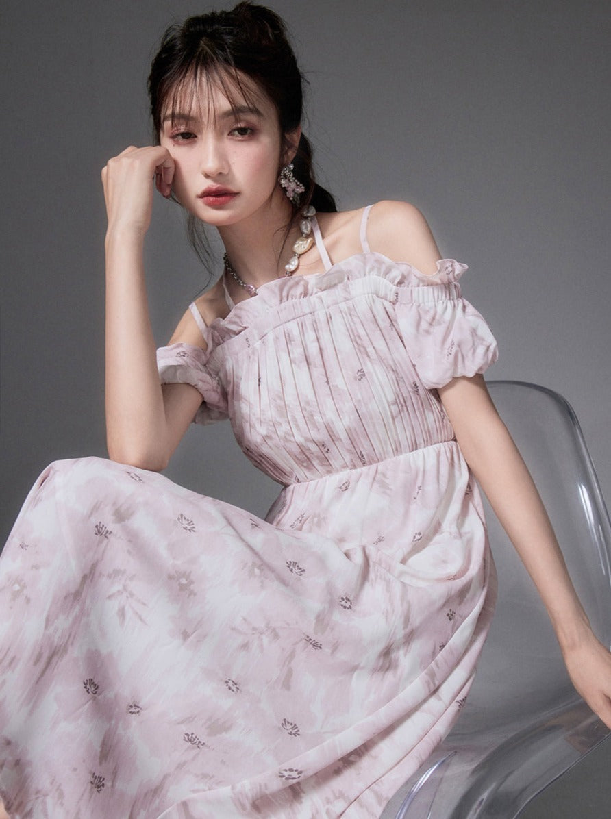 Flower Retro Romantic One -Chord Prince Tsu Print Dress