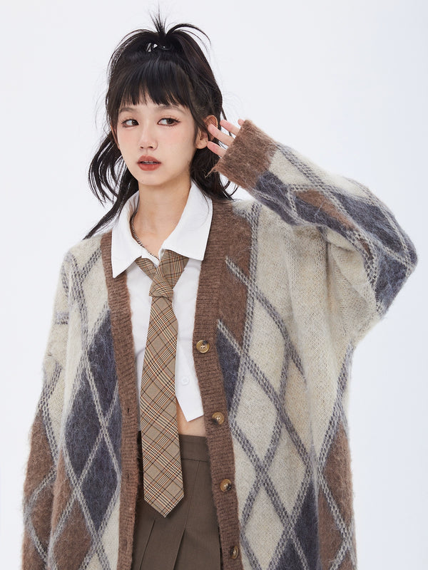 American Retro Diamond Cardigan Loose Lazy Style Knit + Skirt