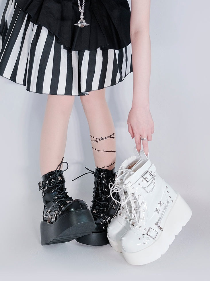 Punk Round Toe Platform Star Chain Design Boots