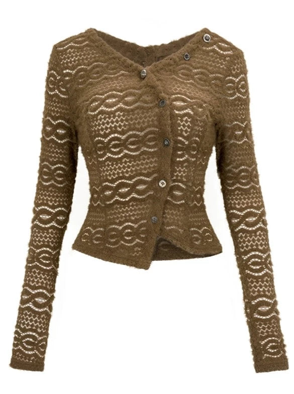 Strickjacke mit V-Ausschnitt und Flaschenhals aus Spitze