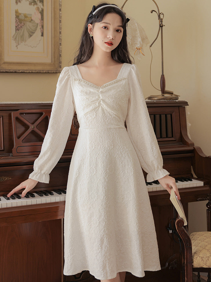 Pearl White Flower Jacquard Fairy Dress