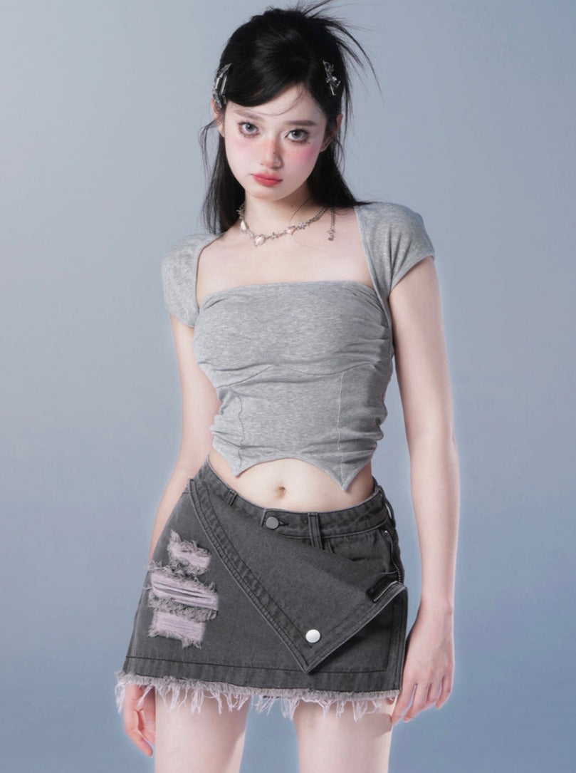 Denim damage dark mini skirt