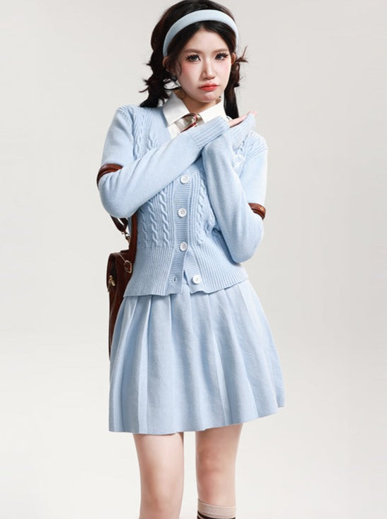 Blue Sky Cardigan + Pleated Skirt + Blouse