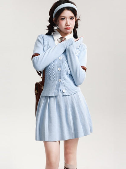 Blue Sky Cardigan + Pleated Skirt + Blouse