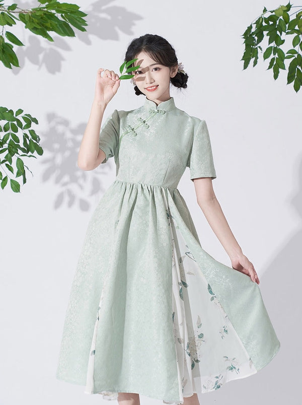 レトロバックルスタンドカラーハイウエストチャイナドレス