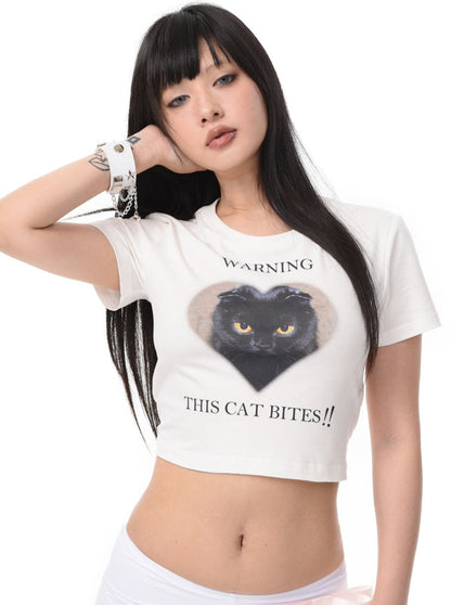 Slim Dark Cat Print T -shirt