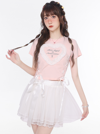 Lovely lace -up frilling heart T -shirt