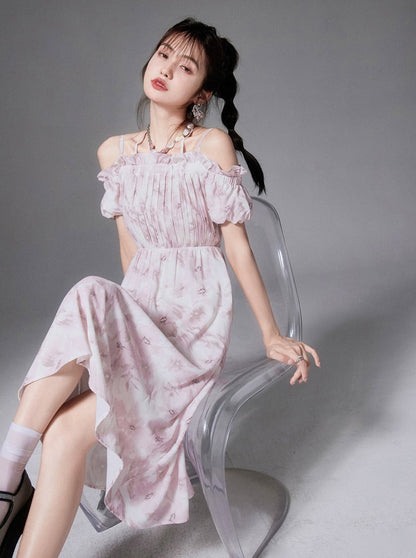 Flower Retro Romantic One -Chord Prince Tsu Print Dress