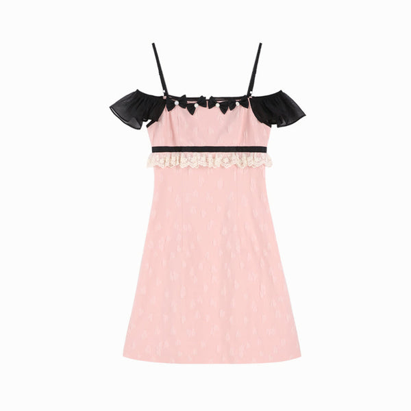 スタイルジャカードスプライシングピンクサスペンダードレス