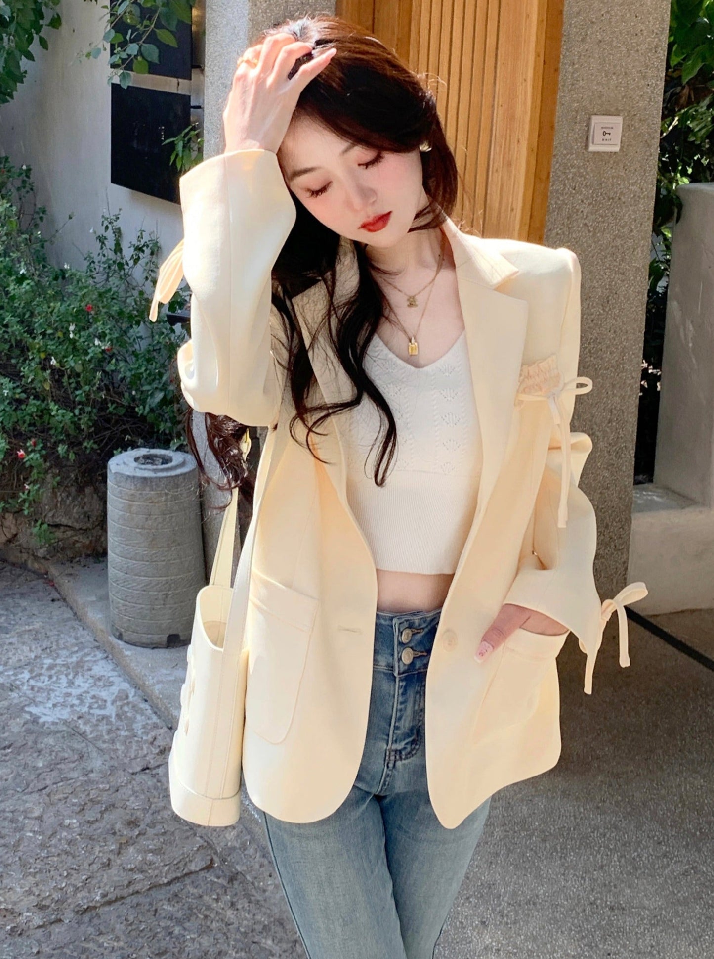 One Point Ribbon Milk Yellow Suit Jacket