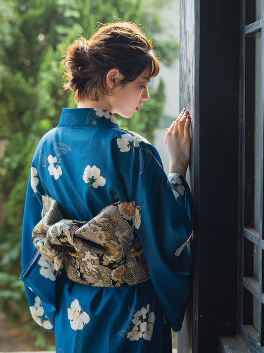 Ensemble 5 pièces de yukata rétro moderne à fleurs bleues