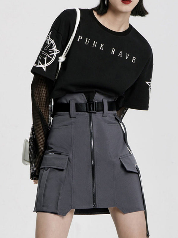 High Waist Buckle Belt Military Mode Zip Skirt [Gray/Black/Check]