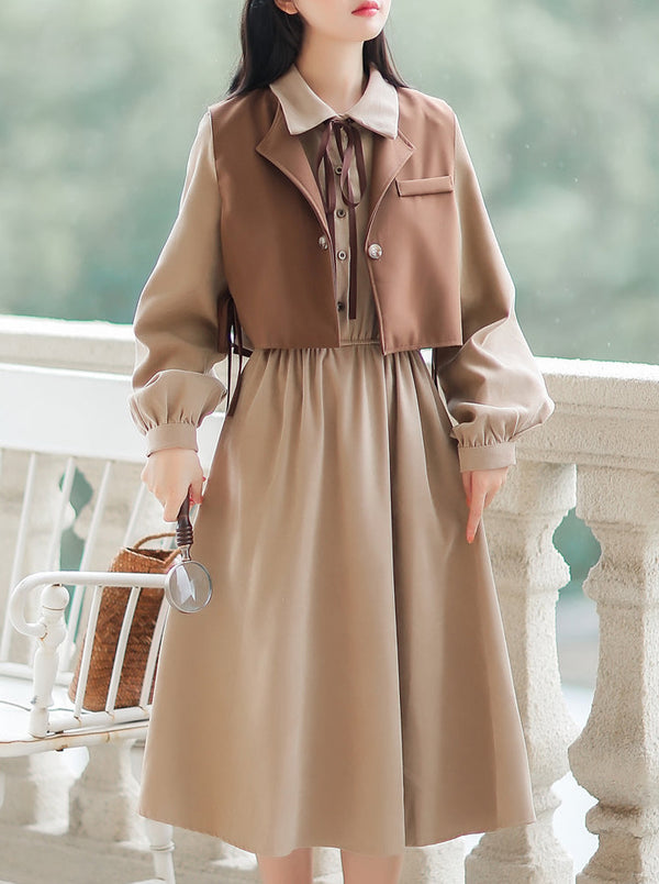 Side Ribbon Short Gilet + Volume Sleeve Ribbon Dress