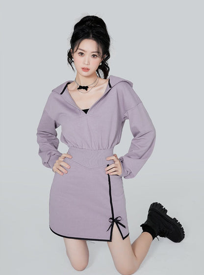 Purple food V neck casual dress