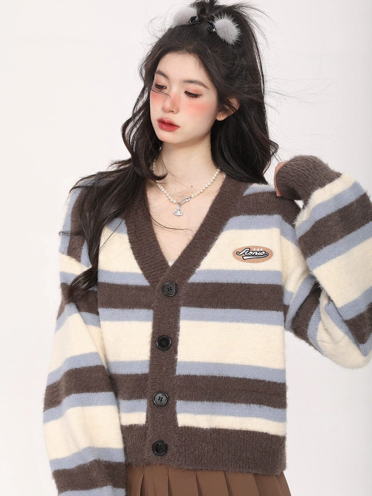 Hot Girl Style Loose V-Neck Short Striped Knit Cardigan