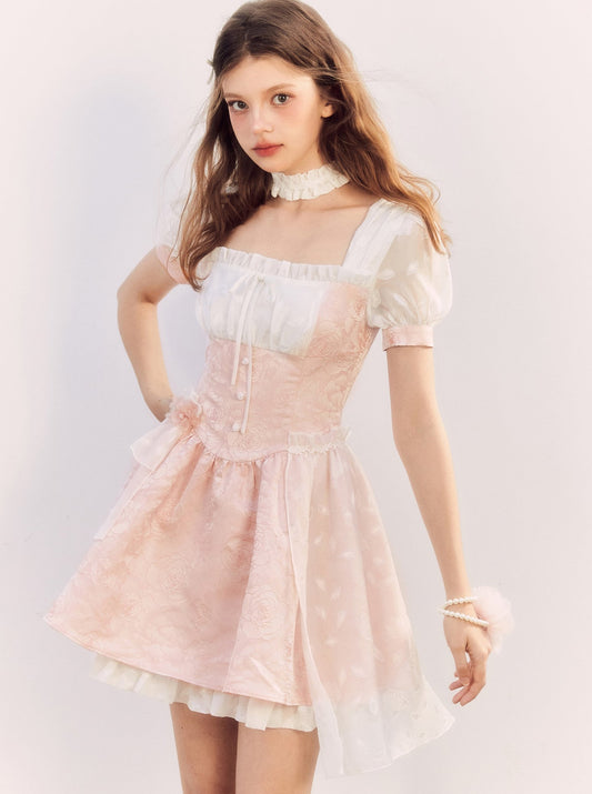伯利兹玫瑰粉色提花对比领连衣裙
