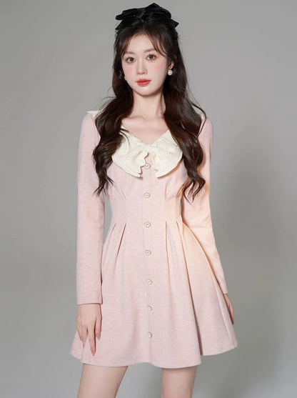 White Ribbon V-Neck Pink High-End Slim Waist Dress