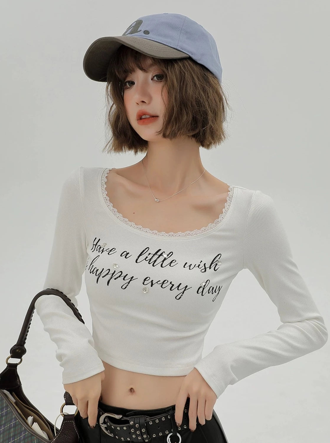 American Logo Lace Neck Slim Short Top