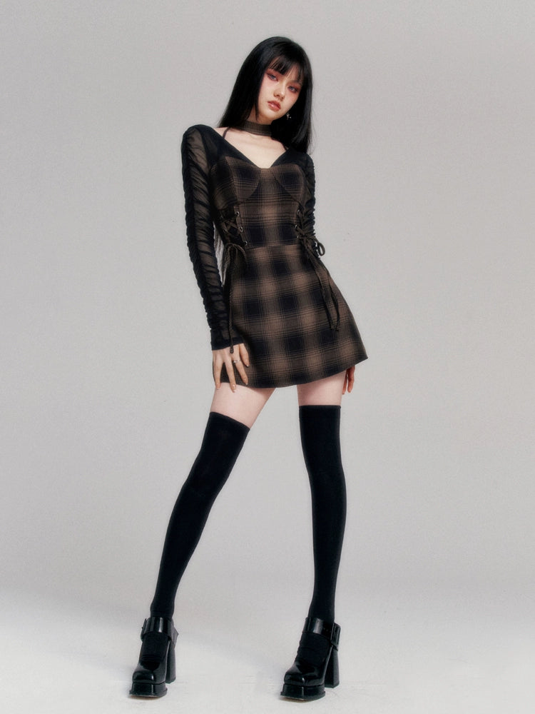 Mokare Retro Dark Check Neck Strap Dress