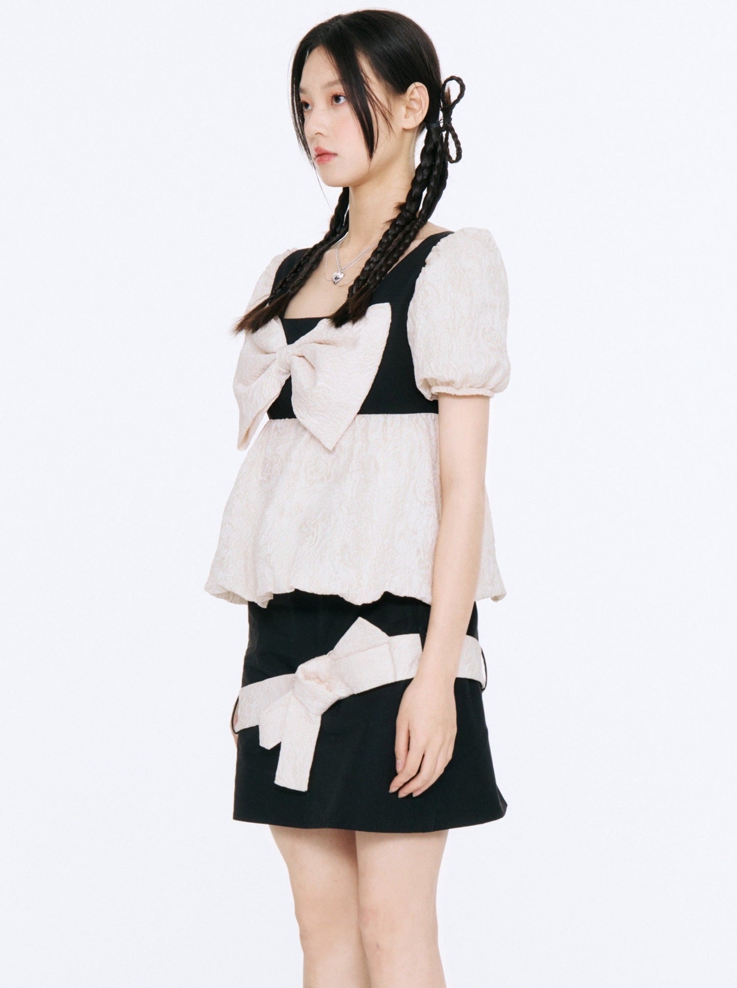 Big Ribon Puff Sleeve Tops + Ribbon Tight Skirt