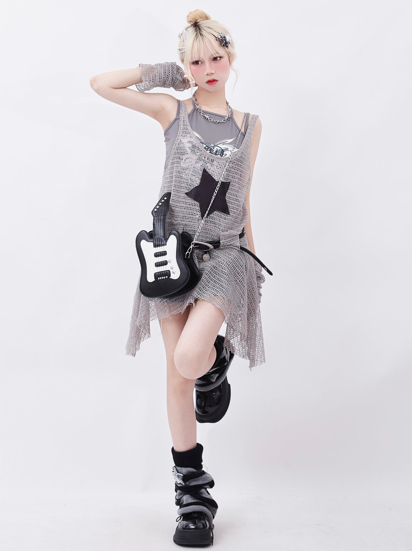 Cool mesh sheer star hem long vest + arm covers