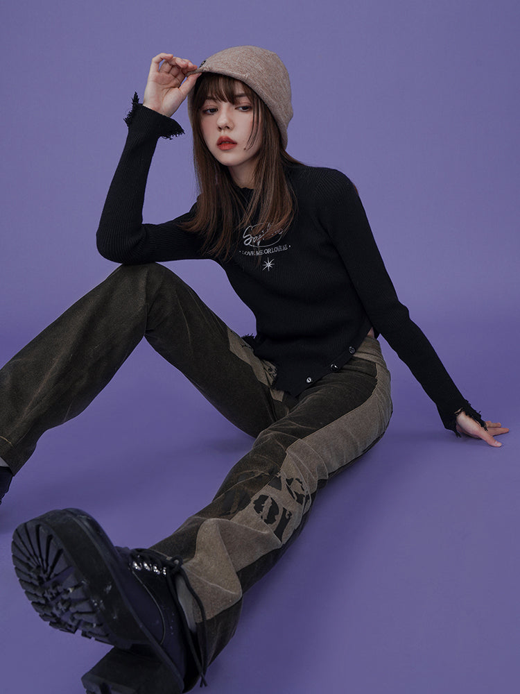 Logo Embroidered Irehem Damaged Rib Knit Top