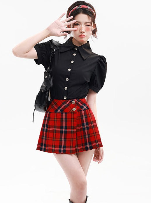 Puff sleeve shirt + retro check skirt