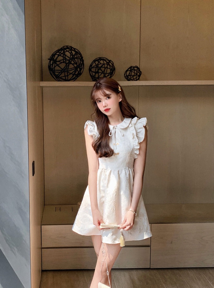 Emboss flilled sleeveless doll color printhes cheongdress