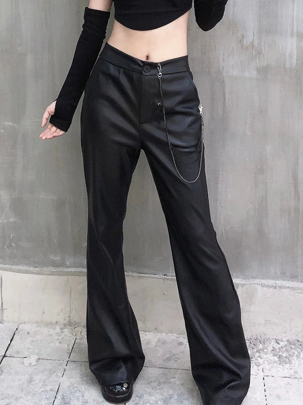 Dark Millennium Cross Chain Leather Bootcut Pants