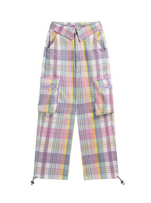 American cute pastel check straight pants