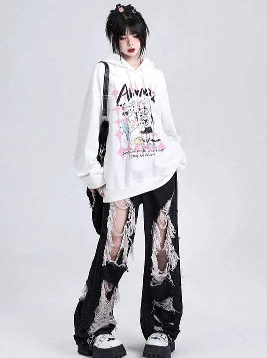 White Devil Print Oversized Hoodie Pullover