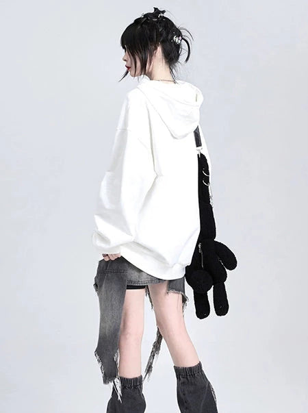 White Devil Print Oversized Hoodie Pullover