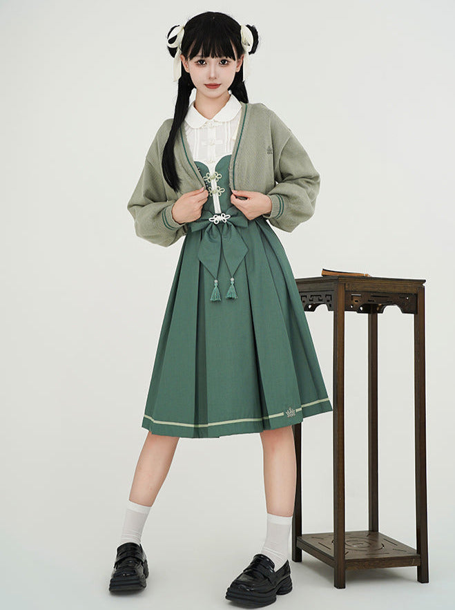 China setup knit cardigan + frilled shirt + ribbon shoulder tassel dress