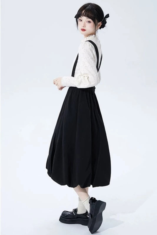 Monotone High Waist Suspender Skirt