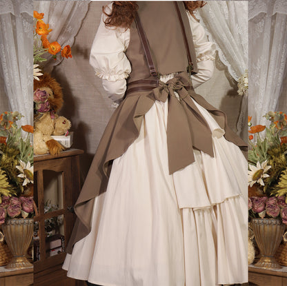 Leather belt vest + back lace-up lantern sleeve ribbon dress + double leather strap ribbon apron