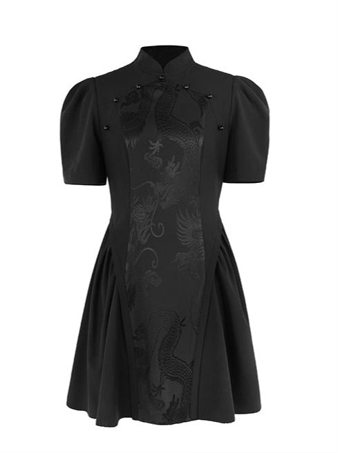 Jacquard Retro Puff Sleeve China Dress