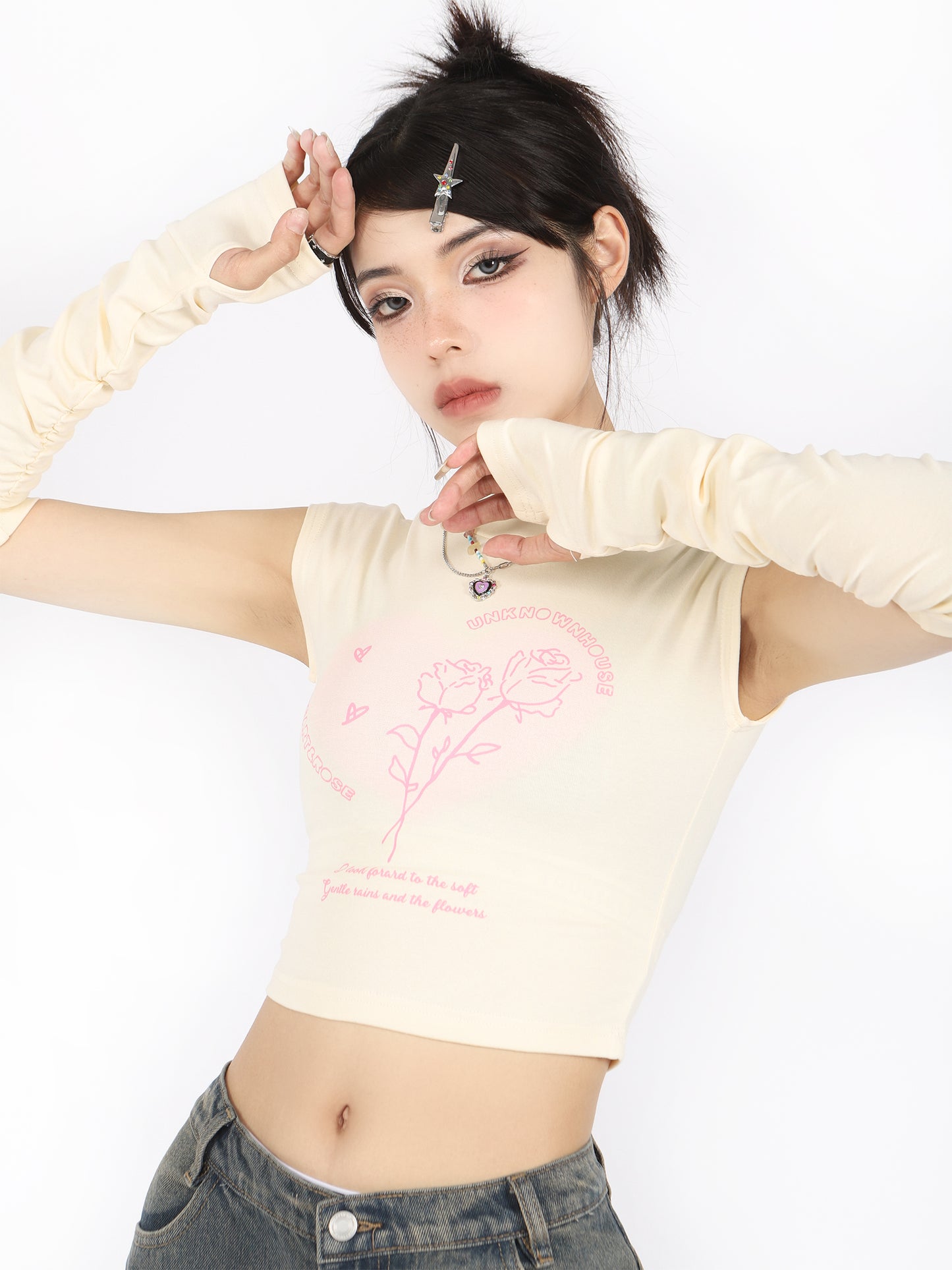 Rose short French T -shirt with American retro sleeve