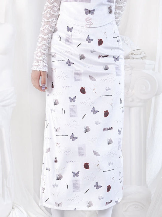 Butterfly Heart Saber Print Retro Slit High West Long Skirt