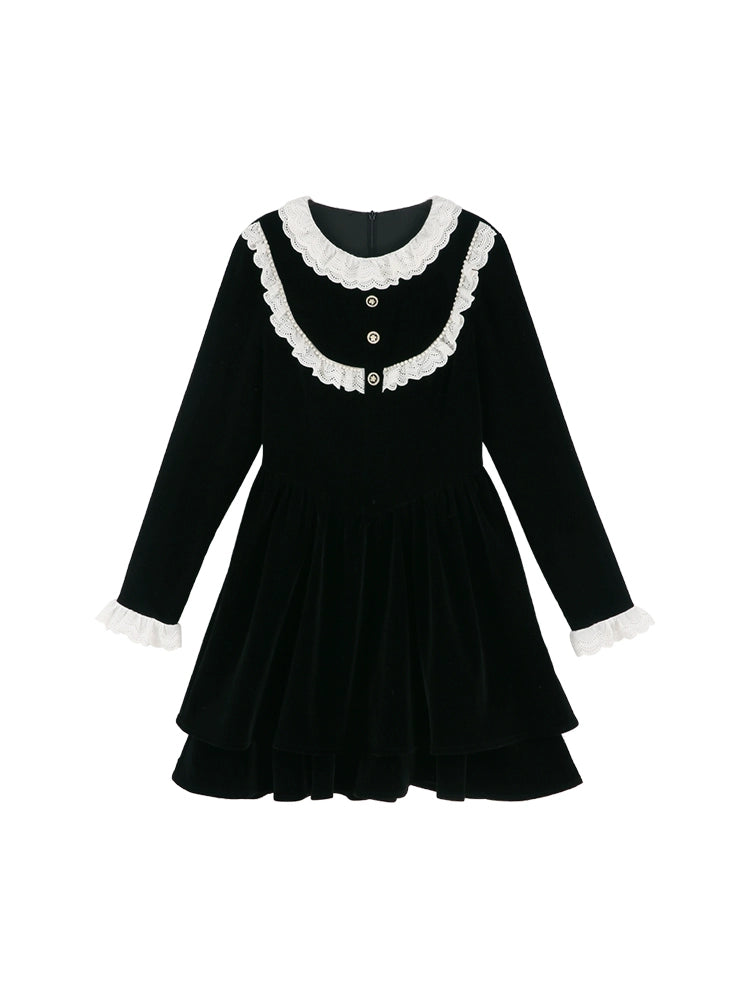 French Black Velvet Retro Hevon Style Dress