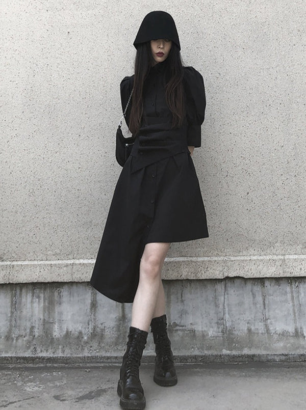 Puff sleeve asymmetric shirt dress